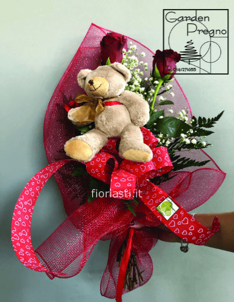 3 Rose rosse gambo lungo con peluche