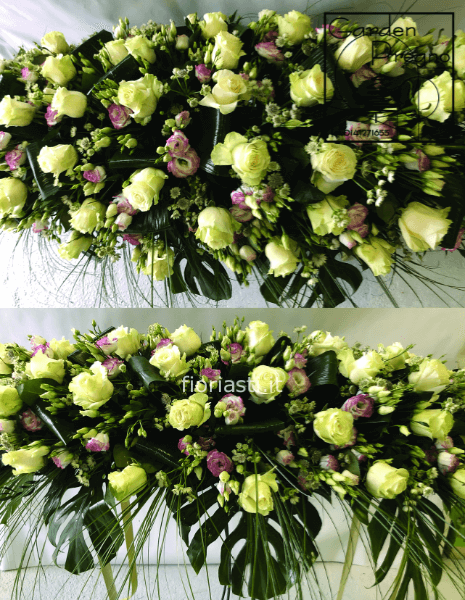 Copricassa funebre rose bianche e lisianthus rosa